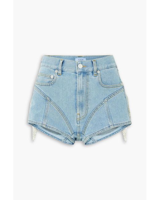 Mugler Blue Crystal-embellished Fringed Paneled Denim Shorts
