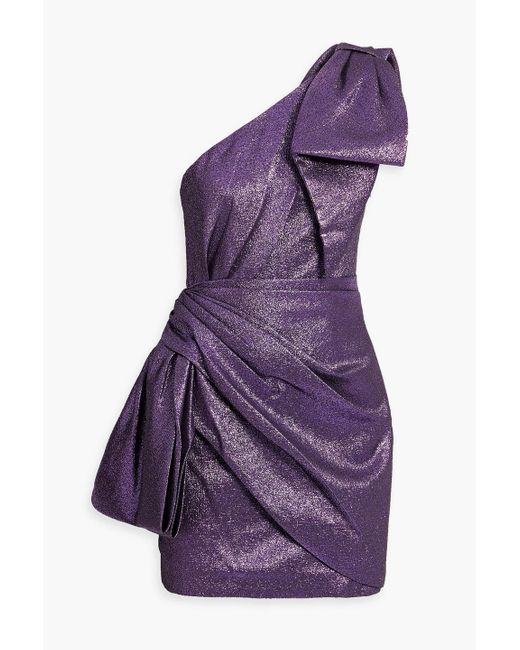 Ronny Kobo Purple Brit One-shoulder Bow-embellished Lamé Mini Dress