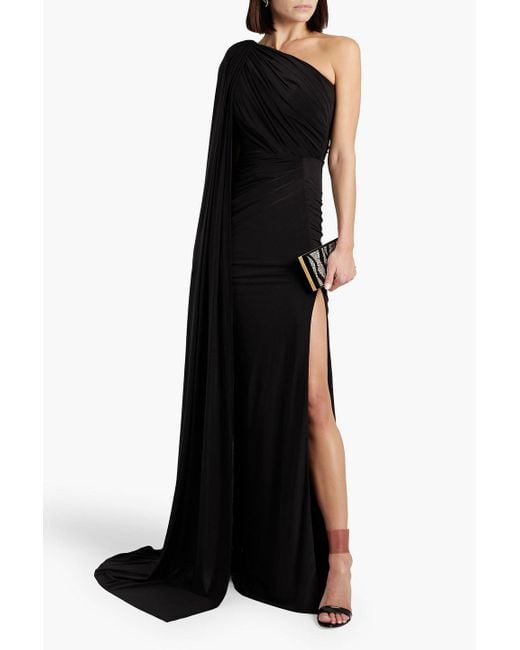 Rhea Costa Black One-shoulder Draped Jersey Gown