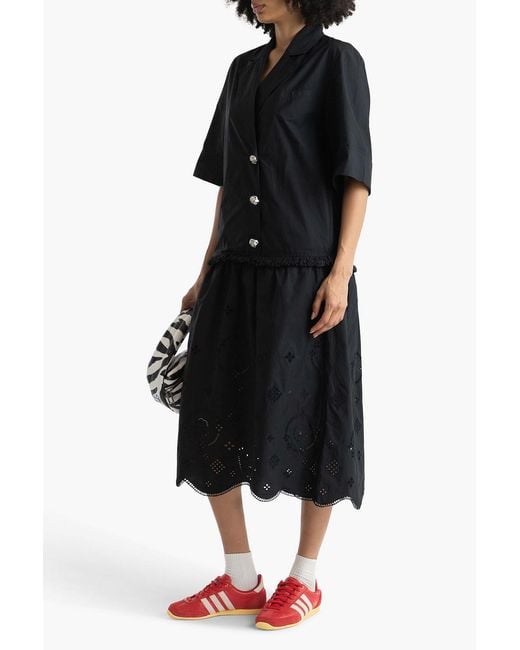 Ganni Black Gathered Broderie Anglaise Cotton-poplin Midi Dress