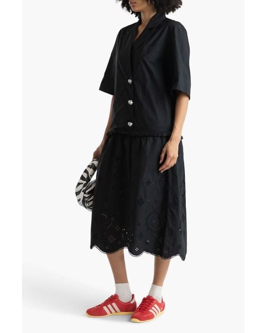 Ganni Black Gathered Broderie Anglaise Cotton-poplin Midi Dress