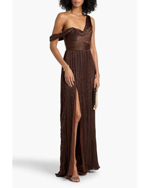 Marchesa Brown Off-The-Shoulder Draped Crinkled-Satin Gown