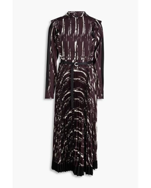 3.1 Phillip Lim Brown Belted Pleated Printed Satin-Twill And Chiffon Midi Dress