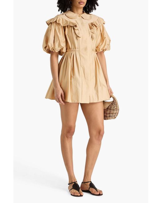 Farm Rio Natural Ruffled Stretch-Cotton Poplin Mini Shirt Dress