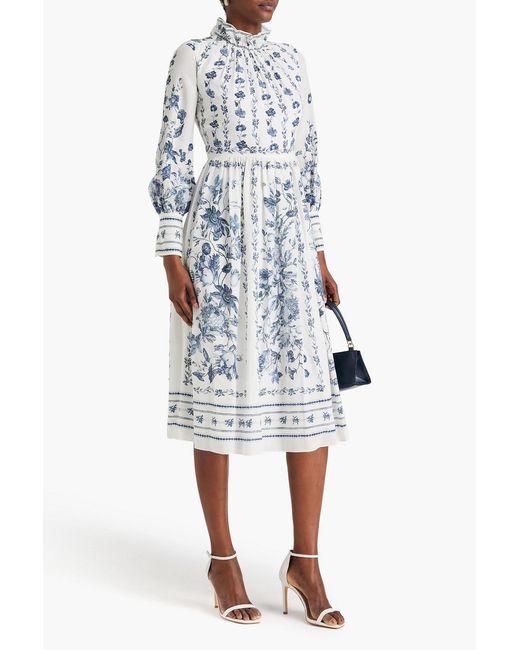 Erdem Blue Floral-Print Silk Crepe De Chine Midi Dress