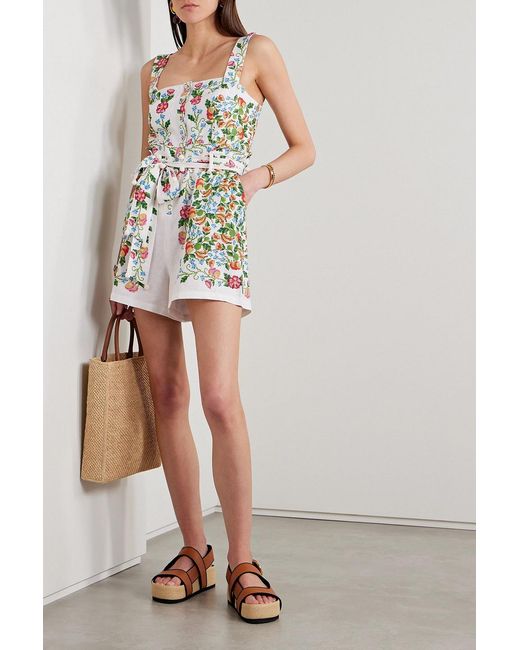 Farm Rio White Belted Shirred Floral-print Linen-blend Playsuit