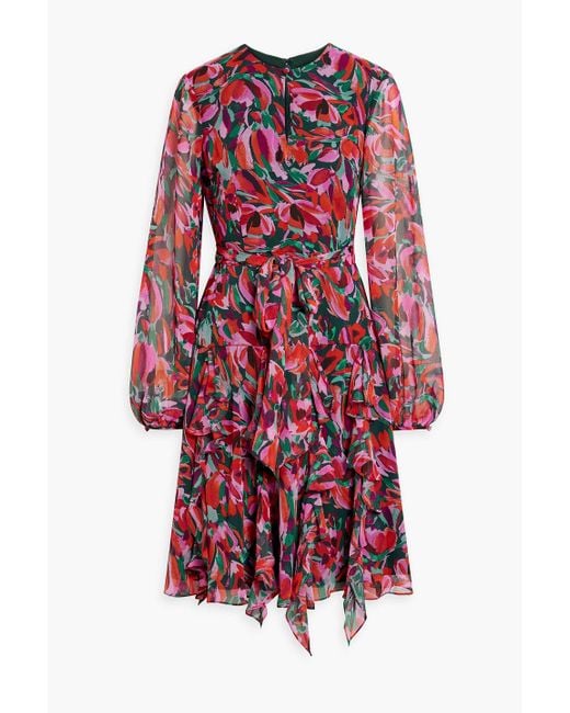 Mikael Aghal Red Ruffled Floral-print Chiffon Dress