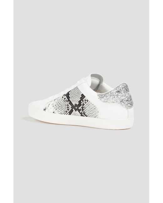 Love Moschino White Glittered Smooth And Snake-effect Leather Sneakers