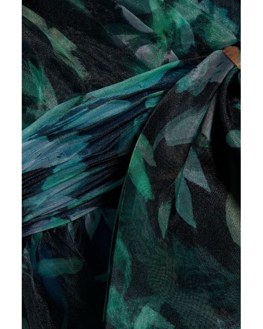 Badgley Mischka Green Wrap-effect Floral-print Organza Gown