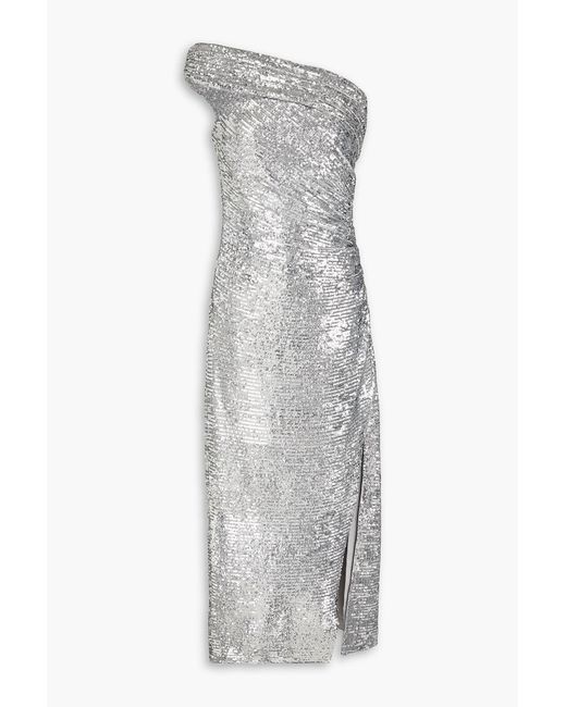 Jonathan Simkhai Gray Zay One-Shoulder Ruched Sequined Jersey Midi Dress