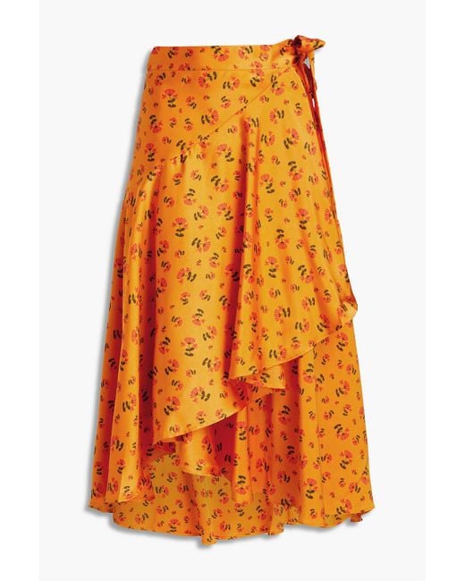 Rodebjer Orange Alva Floral-print Satin Midi Wrap Skirt
