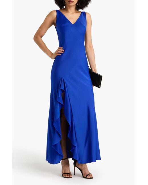 ML Monique Lhuillier Blue Ashlynn Ruffled Satin-crepe Gown