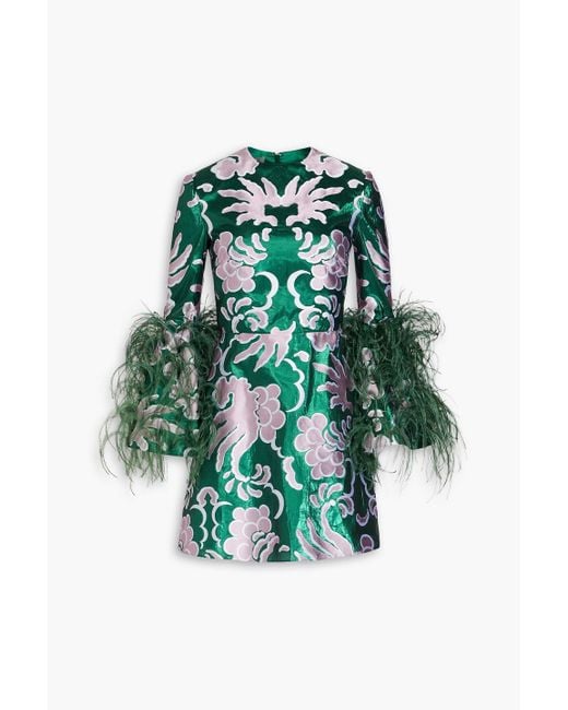 Valentino Garavani Green Feather-trimmed Metallic Silk-jacquard Mini Dress