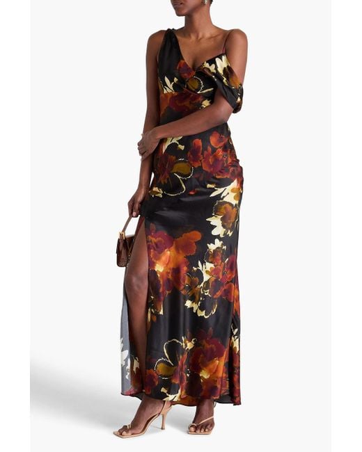 Nicholas Black Off-The-Shoulder Floral-Print Silk-Blend Satin Maxi Dress