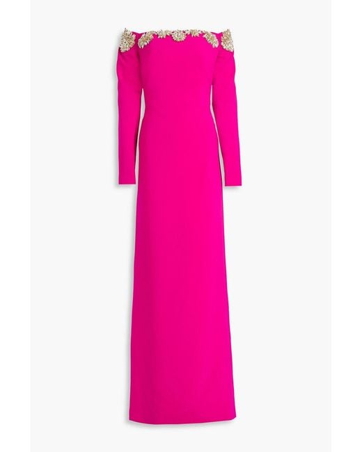 Costarellos Pink Off-The-Shoulder Crystal-Embellished Crepe Gown