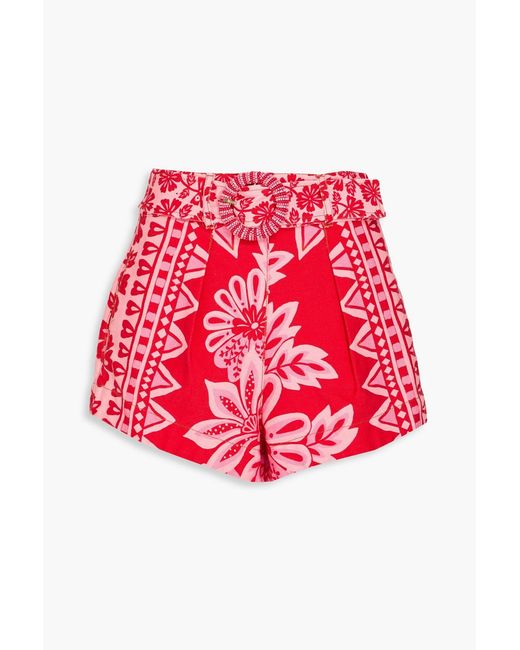 Farm Rio Red Belted Floral-Print Cotton-Twill Shorts