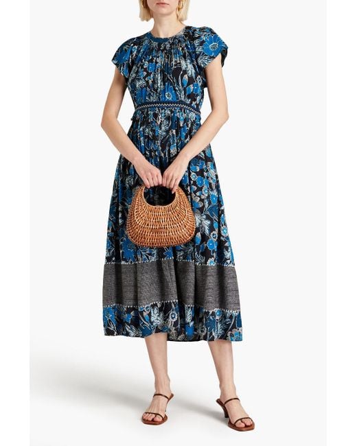 Ulla Johnson Blue Lottie Pleated Floral-print Cotton-blend Midi Dress