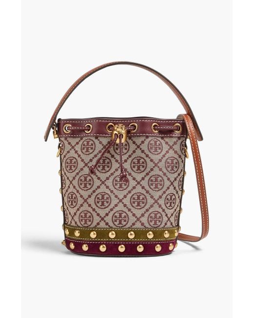 VIP【関税送料無料】希少 Tory Burch T Monogram bucket bag Tory Burch T Monogram Studded Jacquard And Leather Bucket