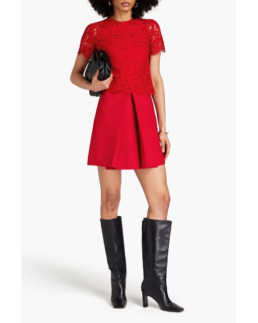 Valentino Garavani Red Lace-paneled Pleated Wool And Silk-blend Mini Dress