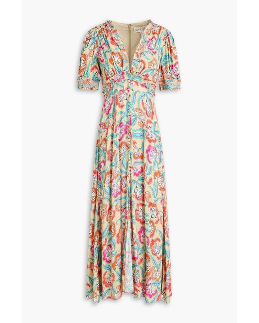 Saloni White Lea Smocked Floral-Print Ecovero-Blend Crepe Midi Dress