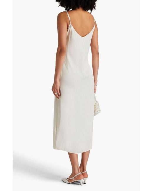 Maje White Lace-Trimmed Satin Midi Slip Dress