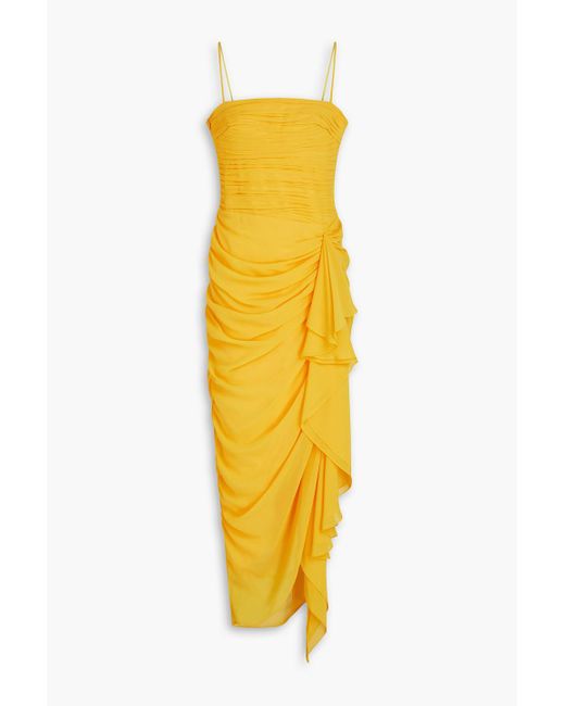 Rasario Yellow Draped Pleated Chiffon Maxi Dress