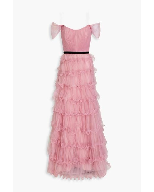 Marchesa Pink Off-the-shoulder Tiered Tulle Gown