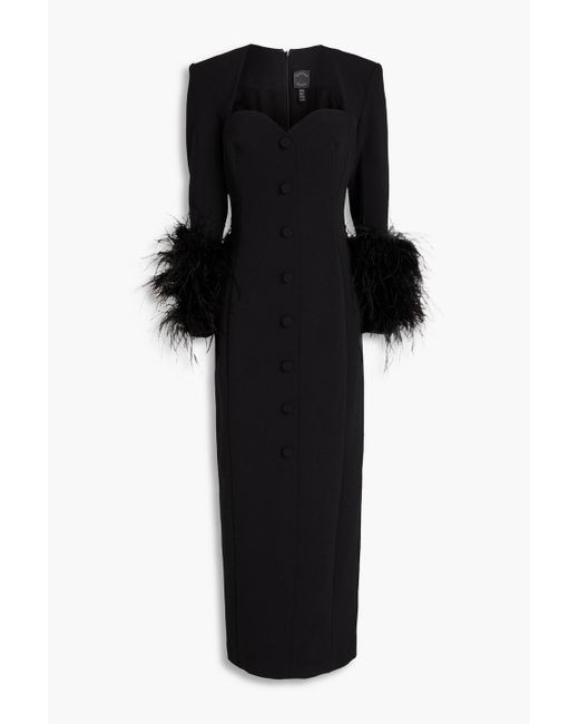 Huishan Zhang Black Fontaine Feather-trimmed Crepe Midi Dress