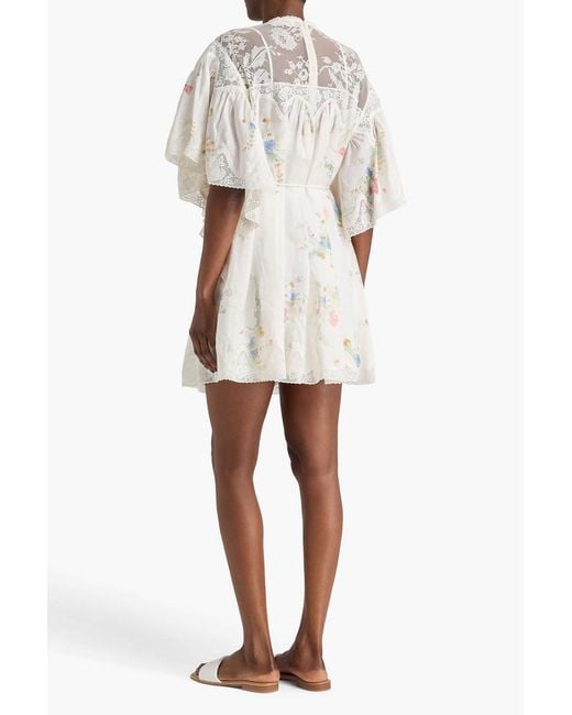 Zimmermann Natural Lace-Trimmed Floral-Print Linen Mini Dress
