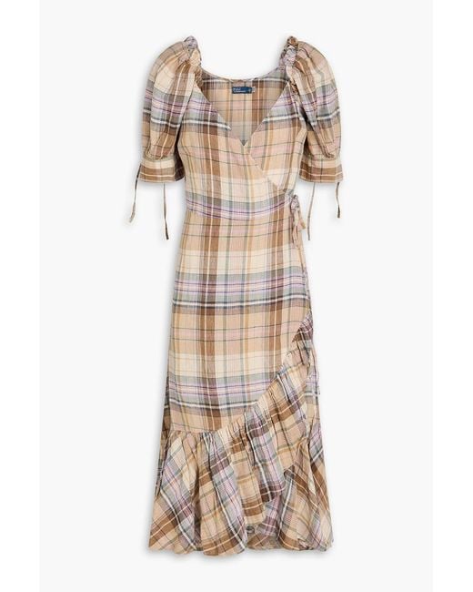 Polo Ralph Lauren Natural Ruffled Checked Linen Midi Wrap Dress