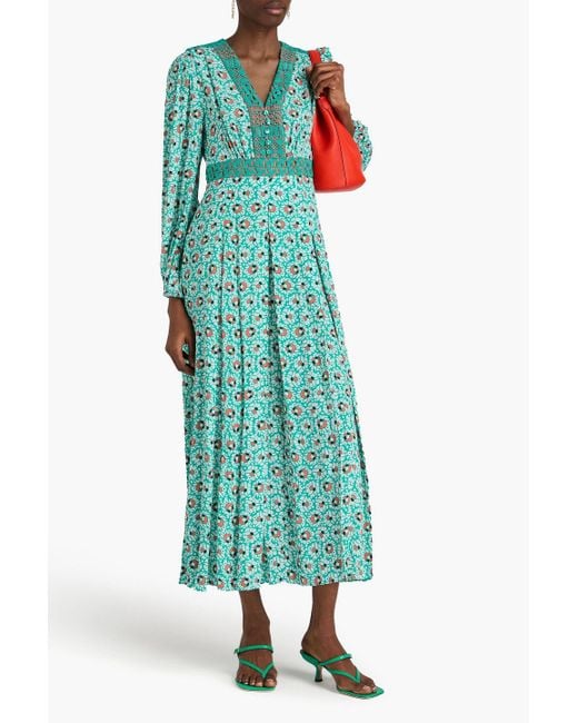 Diane von Furstenberg Green Anjali Guipure Lace-trimmed Printed Crepe Midi Dress