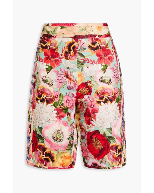 Zimmermann Red Floral-print Silk And Linen-blend Satin Shorts