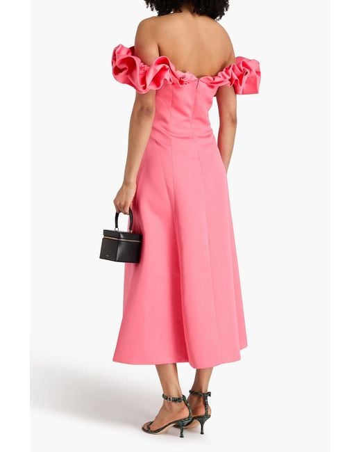 LEO LIN Pink Annie Off-The-Shoulder Satin Midi Dress