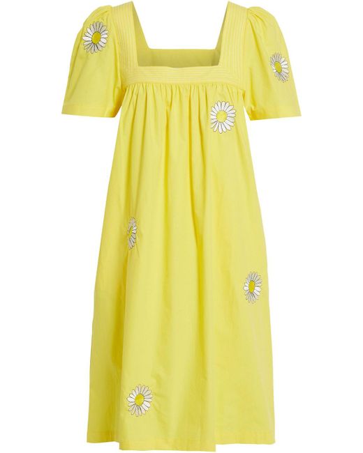 HVN Throw Over Embroidered Cottonpoplin Dress in Yellow Lyst