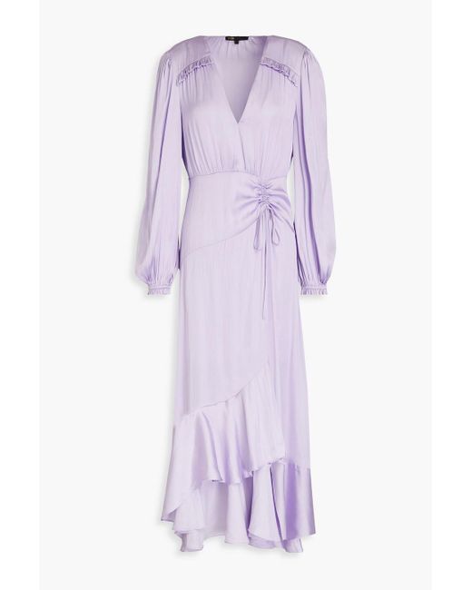 Maje Purple Ruched Crinkled-satin Midi Dress