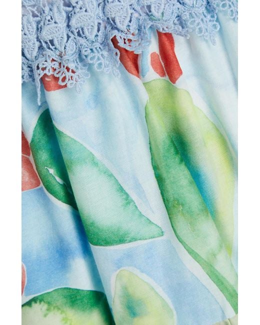Charo Ruiz Green Castellon Guipure Lace-trimmed Tiered Printed Cotton-blend Voile Mini Dress