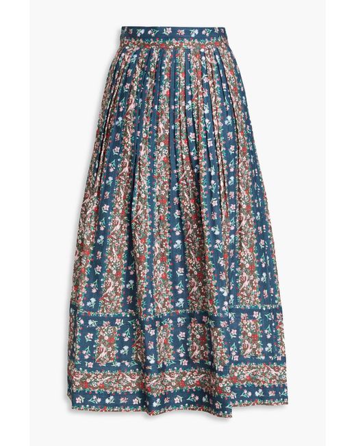 See By Chloé Blue Pleated Floral-print Linen Midi Skirt