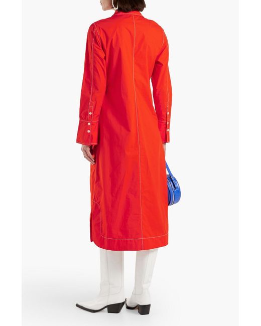 Ganni Red Ruched Cotton-poplin Midi Shirt Dress