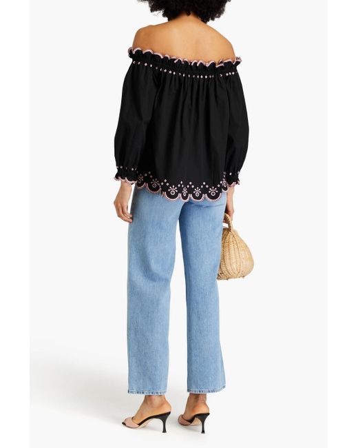 Saloni Black Gaby Off-the-shoulder Broderie Anglaise-trimmed Cotton-poplin Top