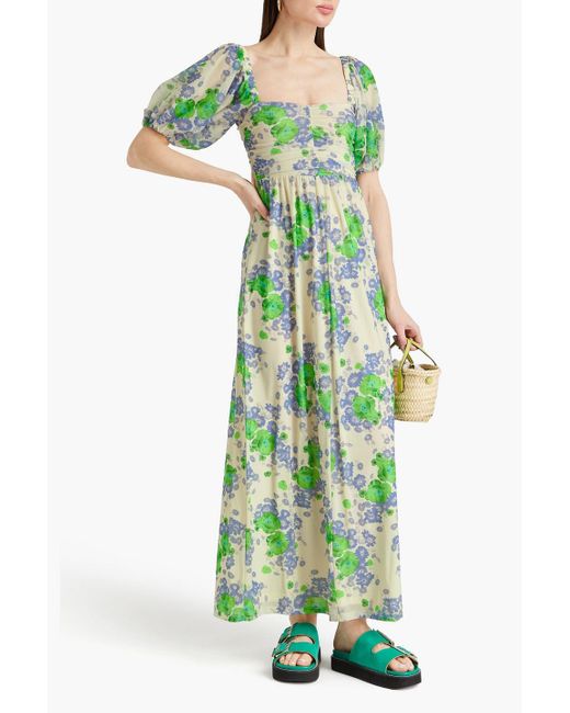 Ganni Green Gathered Floral-print Stretch-mesh Maxi Dress