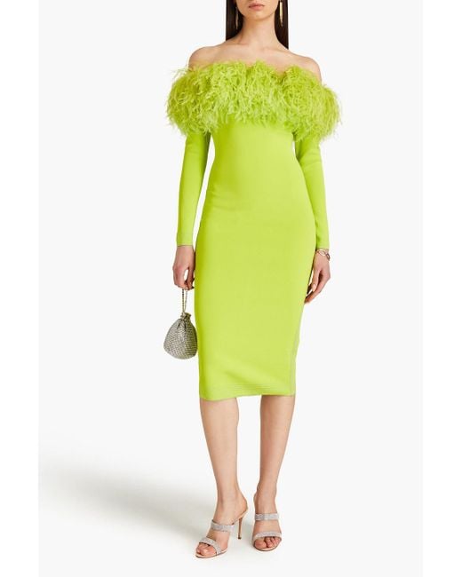 Elie Saab Green Off-the-shoulder Feather-embellished Stretch-knit Midi Dress