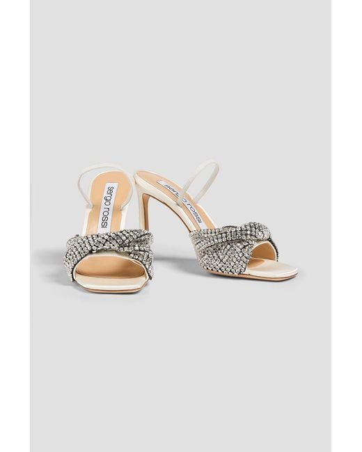 Sergio Rossi White Crystal-Embellished Twisted Satin Mules