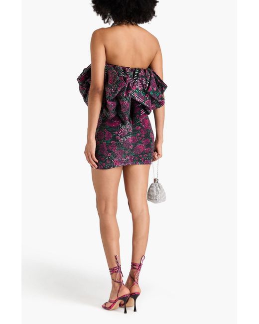 ROTATE BIRGER CHRISTENSEN Purple Floral-print Sequined Tulle Strapless Mini Dress