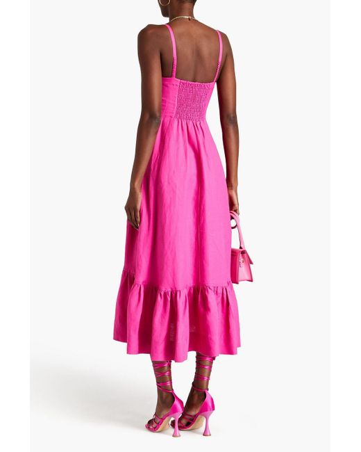 Jonathan Simkhai Pink Kitzia Shirred Linen-blend Midi Dress