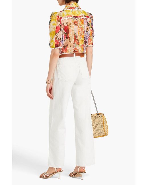 Zimmermann Orange Raffia-trimmed Floral-print Ramie Shirt