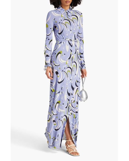 Emilio Pucci Blue Belted Printed Jersey Maxi Shirt Dress