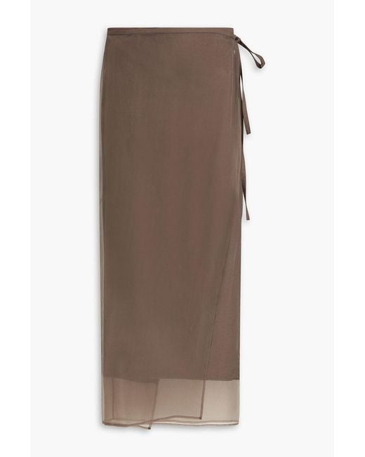 Brunello Cucinelli Brown Organza-paneled Cotton-blend Twill Midi Wrap Skirt