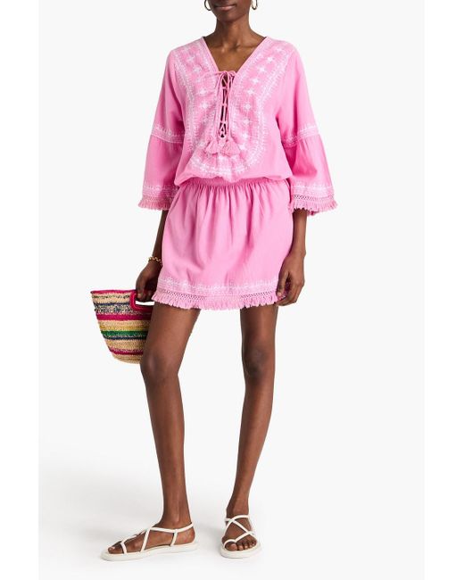Melissa Odabash Pink Martina Gathered Embroidered Cotton And Linen-blend Mini Dress