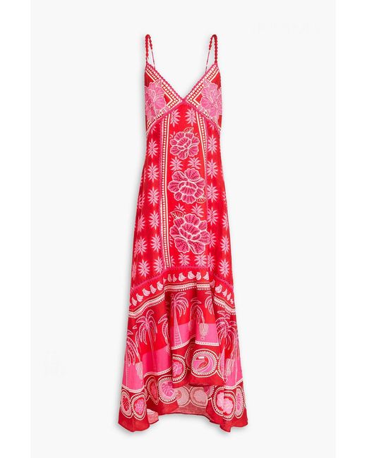 Farm Rio Red Crochet-trimmed Printed Linen Maxi Dress