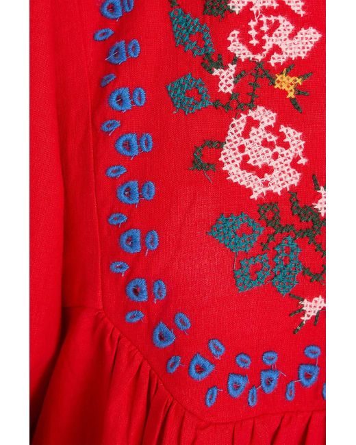 Farm Rio Red Embellished Linen-blend Midi Dress